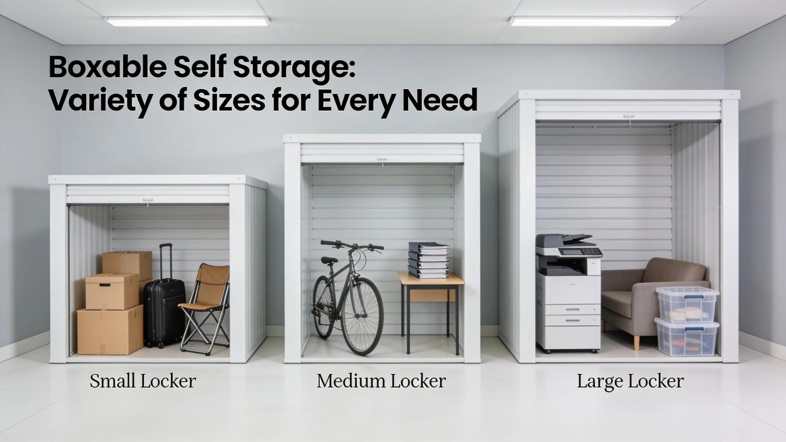 Different storage locker sizes at Boxable Self Storage catering to personal and business needs