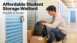 Affordable student storage solutions in Watford, showcasing a student unpacking a storage unit with personal items
