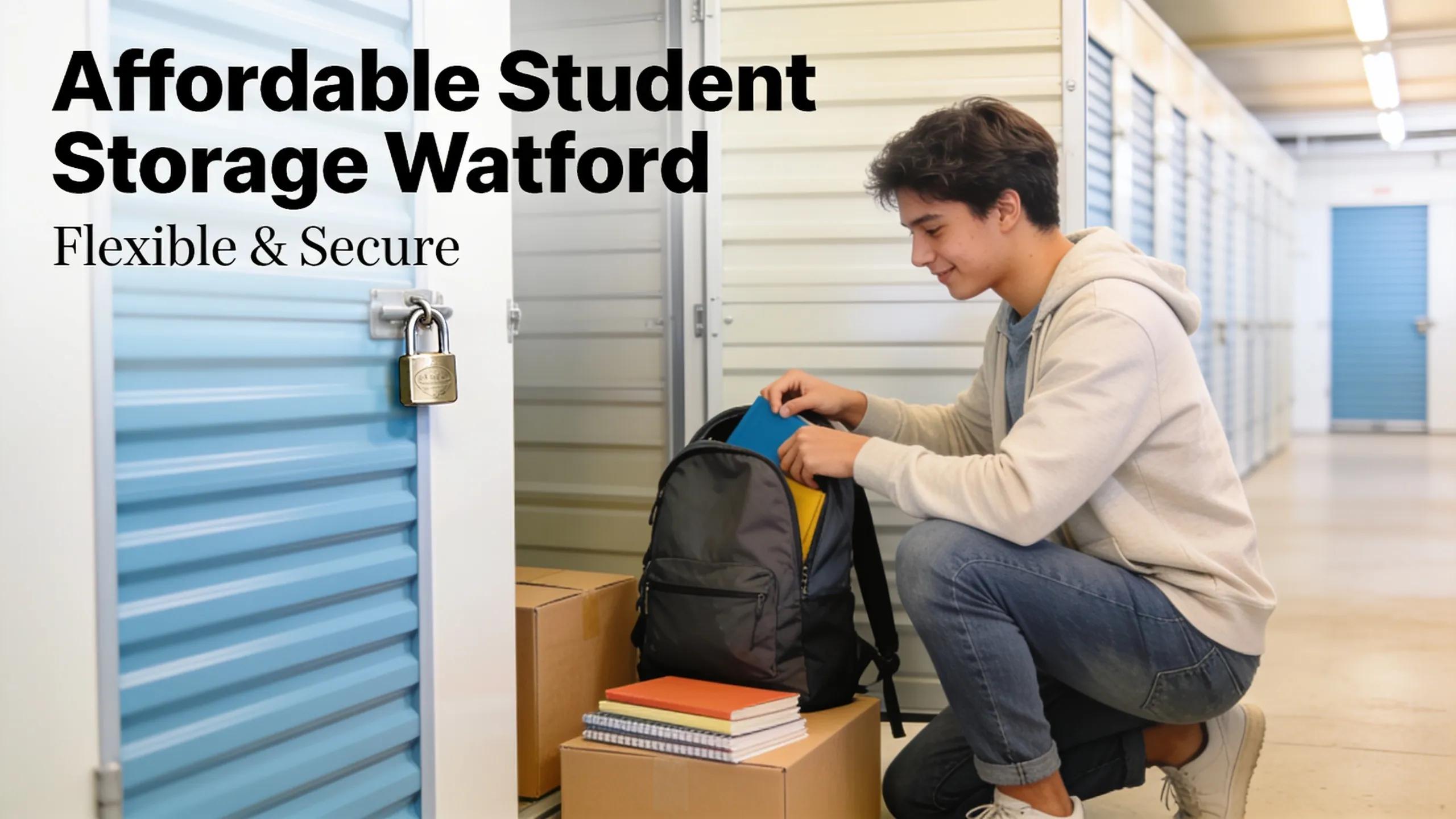 Affordable student storage solutions in Watford, showcasing a student unpacking a storage unit with personal items