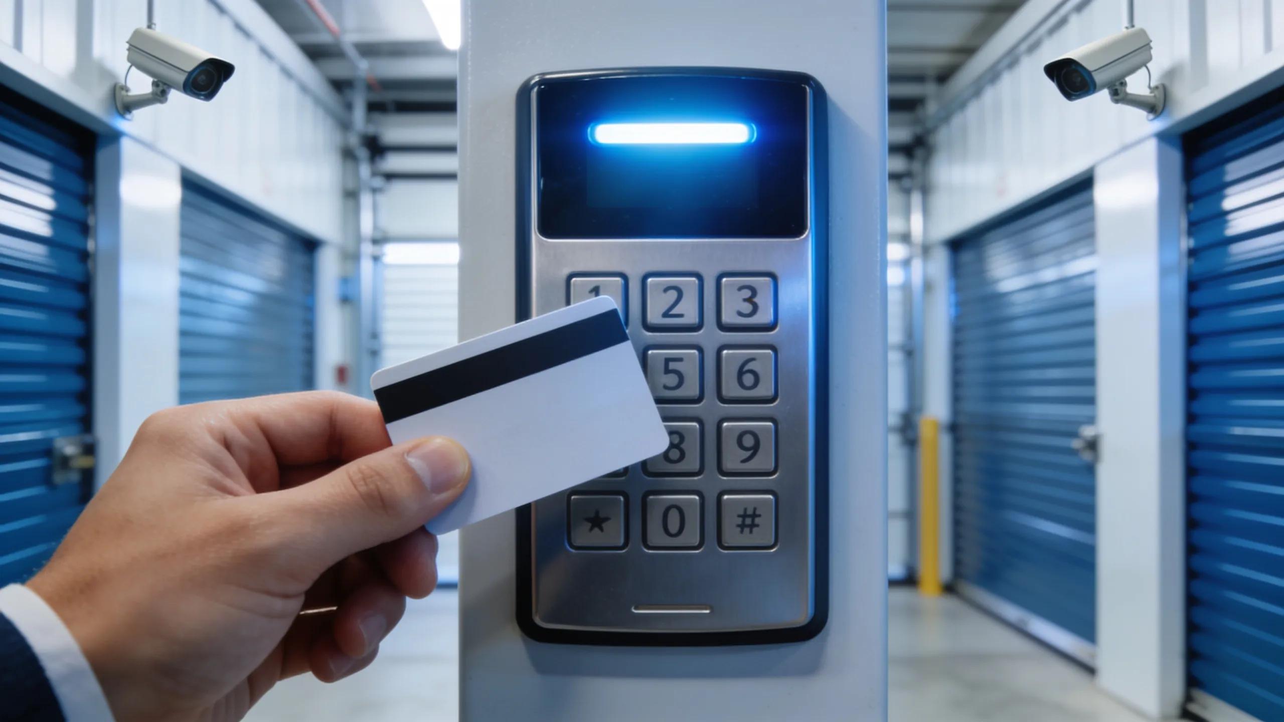 Close-up of secure access control system at a self-storage facility highlighting safety measures