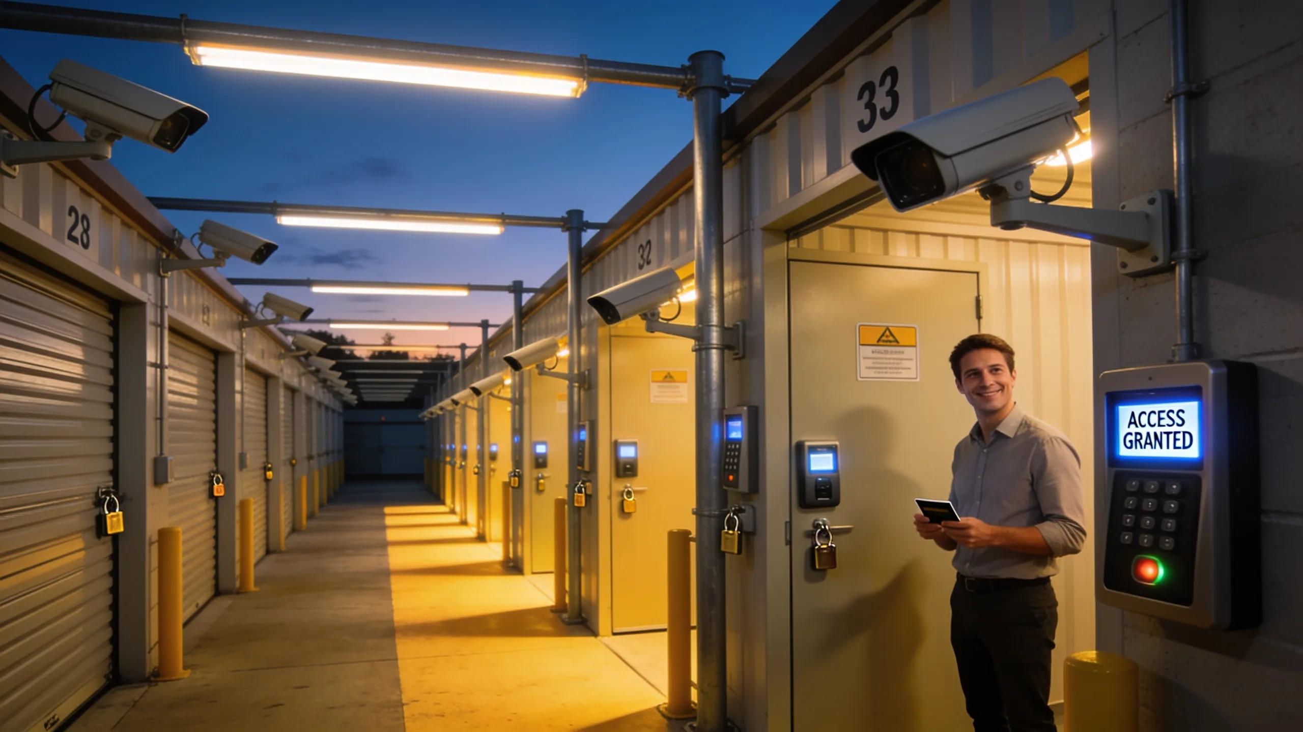 Depiction of security features in a storage facility, including CCTV cameras and access control systems