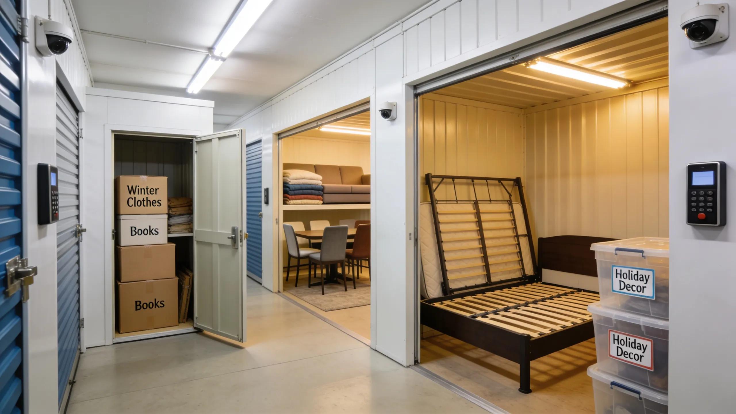 Various storage units showcasing personal and business items, emphasizing flexible storage solutions
