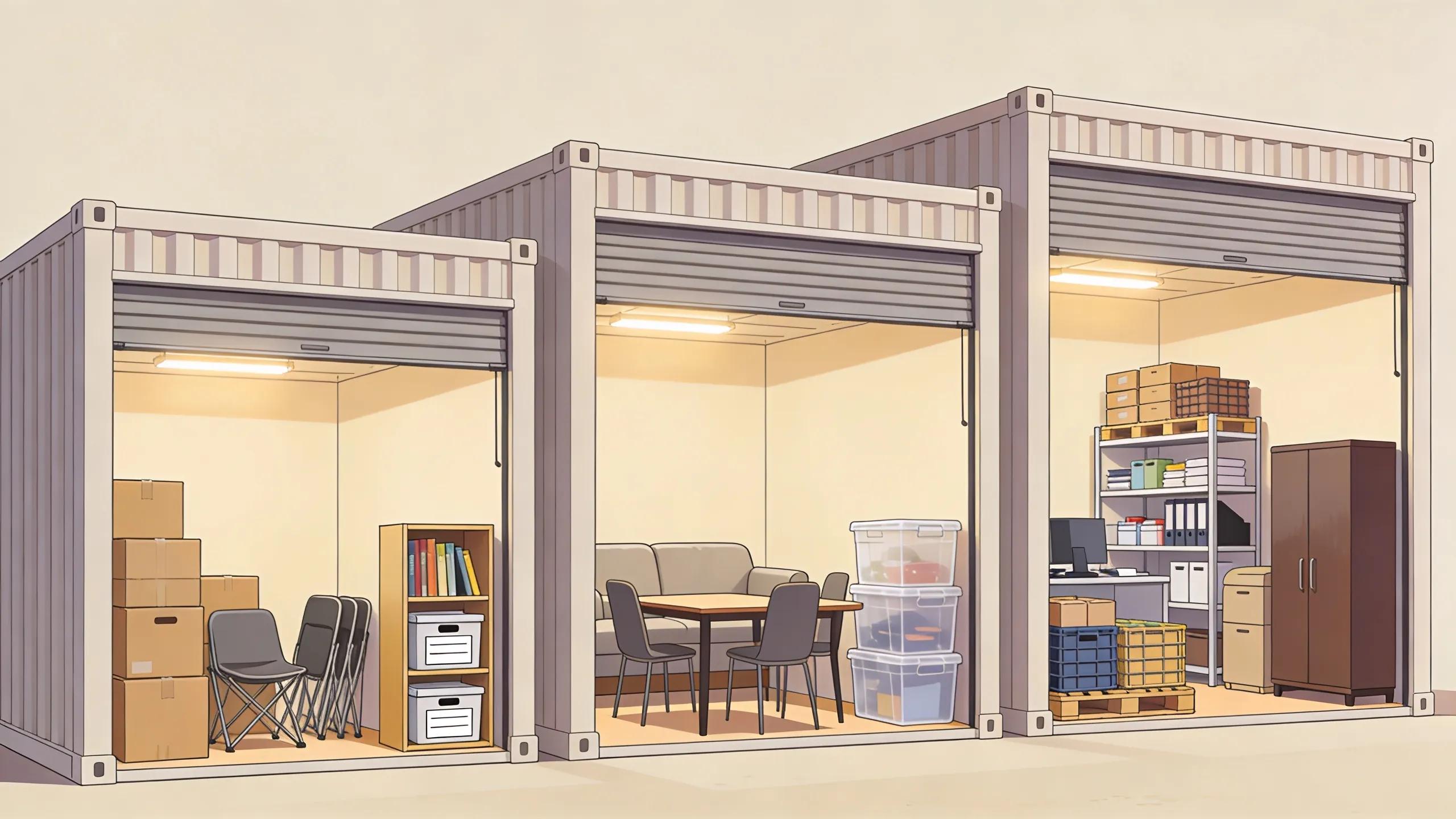 Illustration of small, medium, and large storage units filled with personal belongings and business items